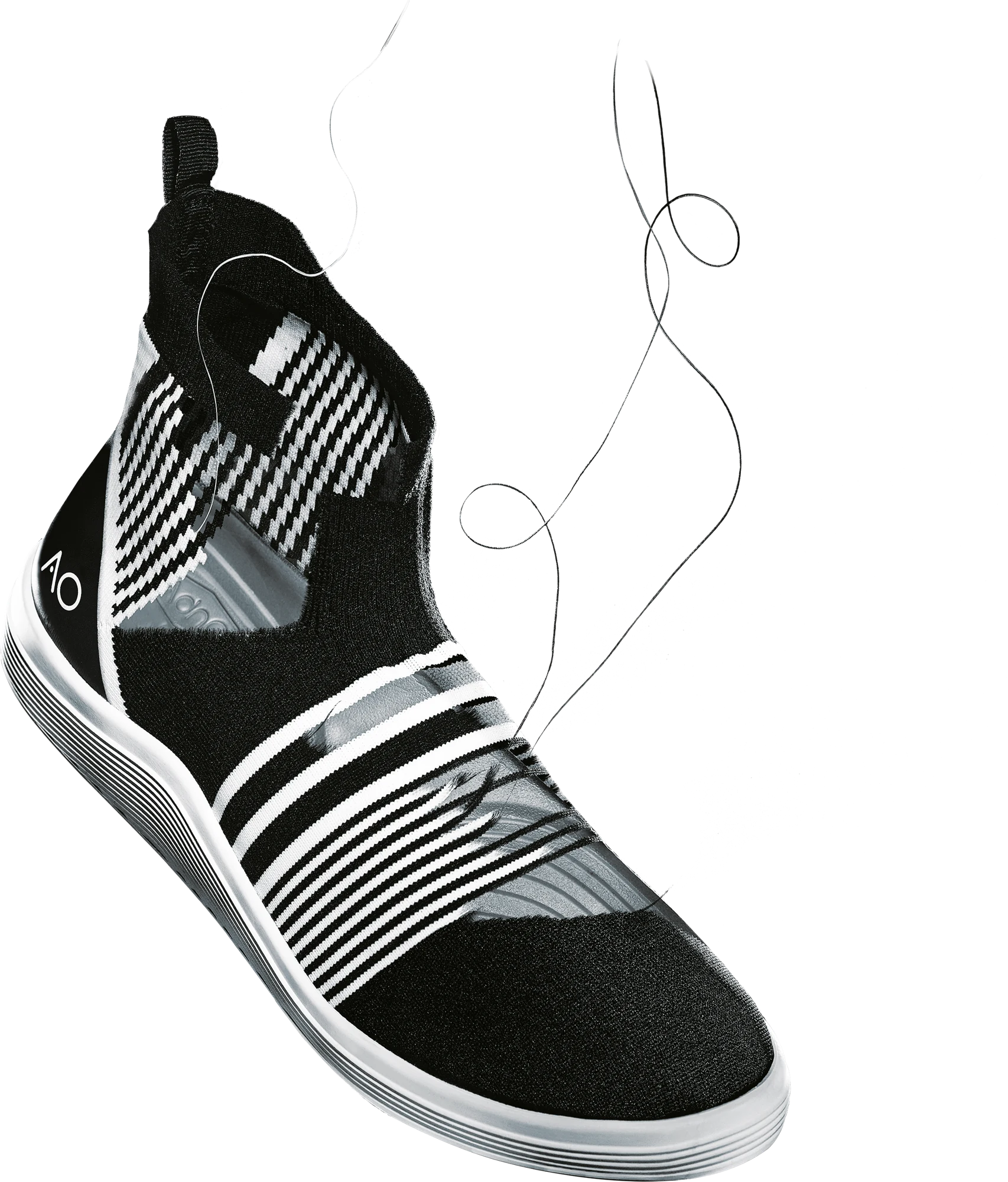 Adno Stripes 5.10 in three-quarter view, showing the one-piece striped knit, the insole and the rubber sole