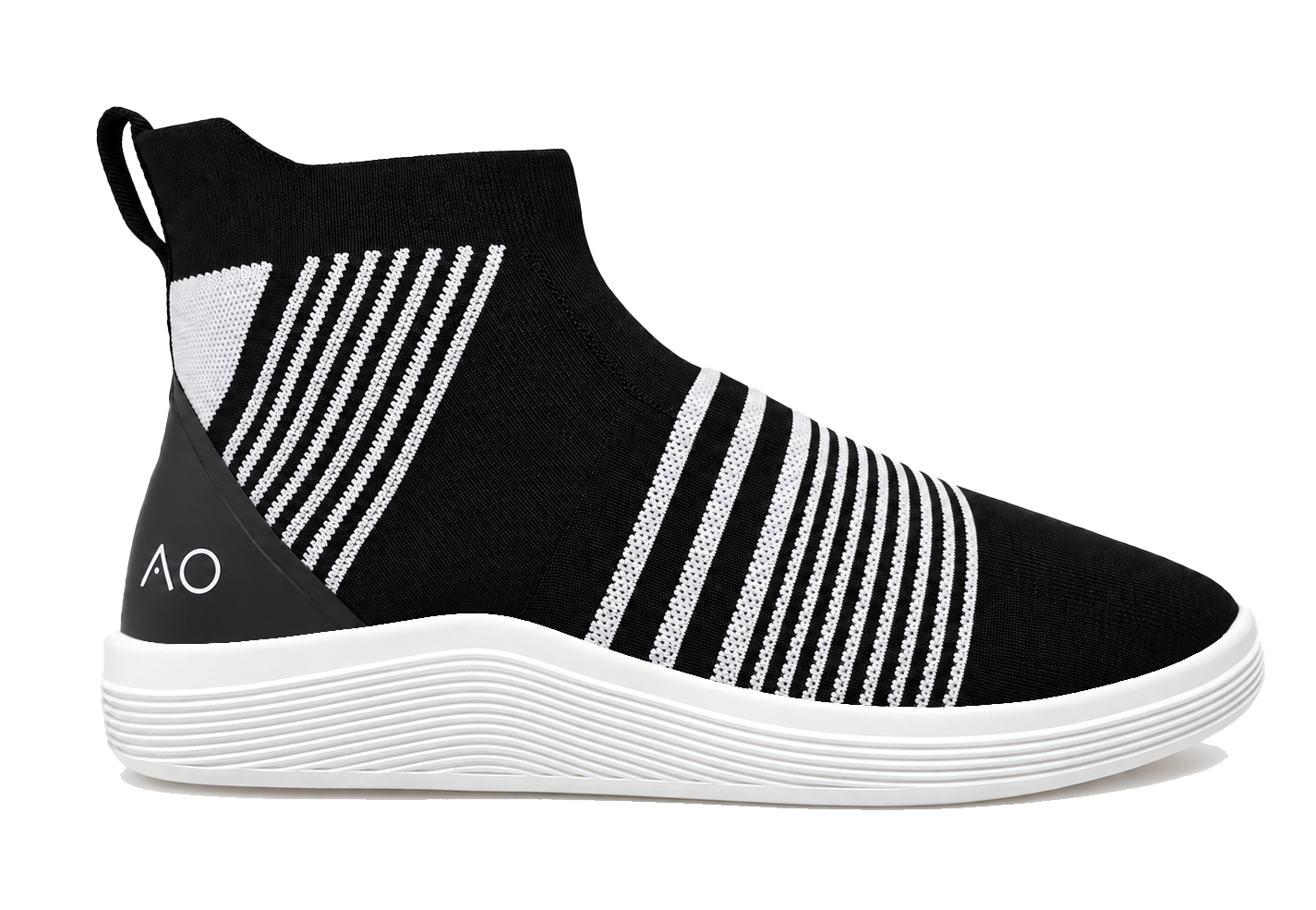 Full side view of the black and white Adno Stripes 5’10 high-top