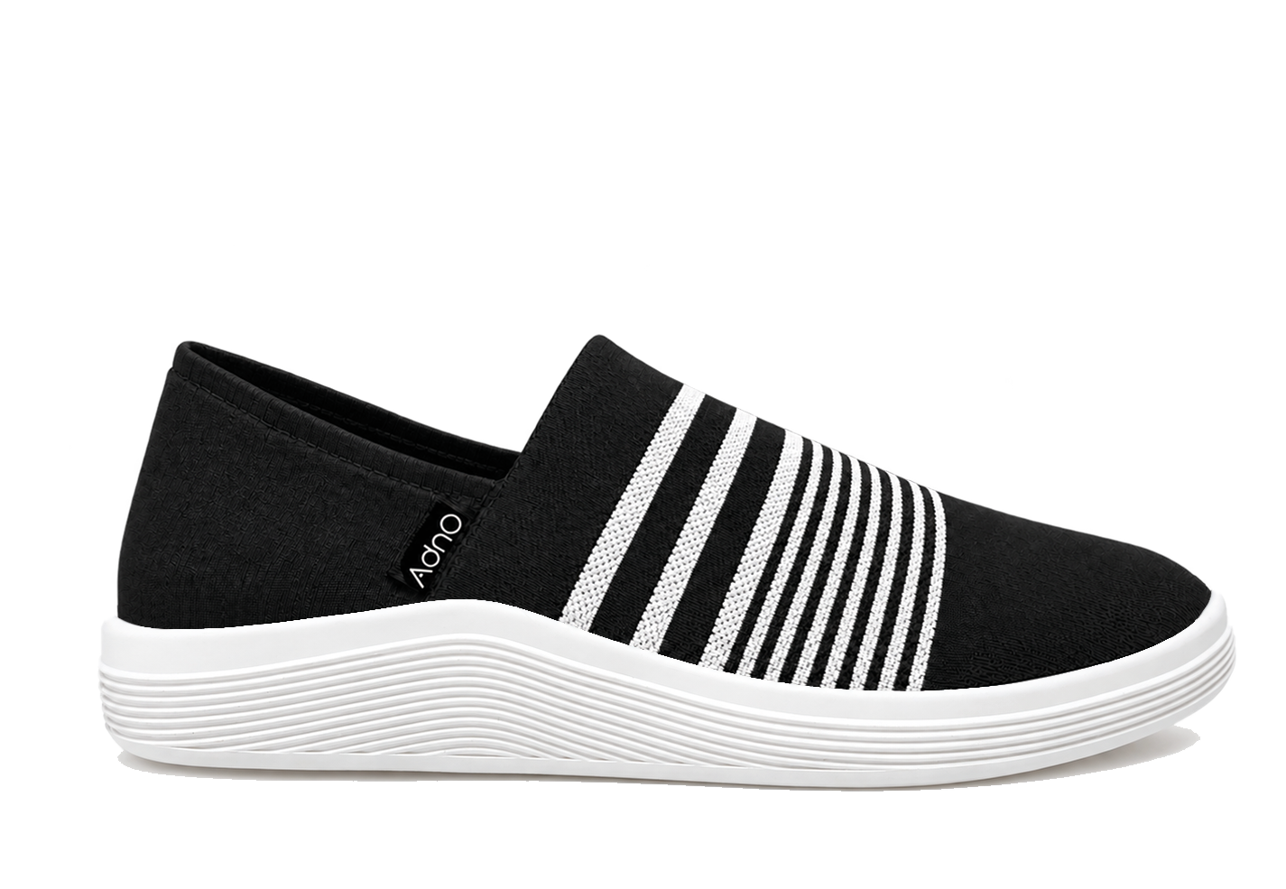 Full side view of the black and white Adno Stripes 5’8 low-top